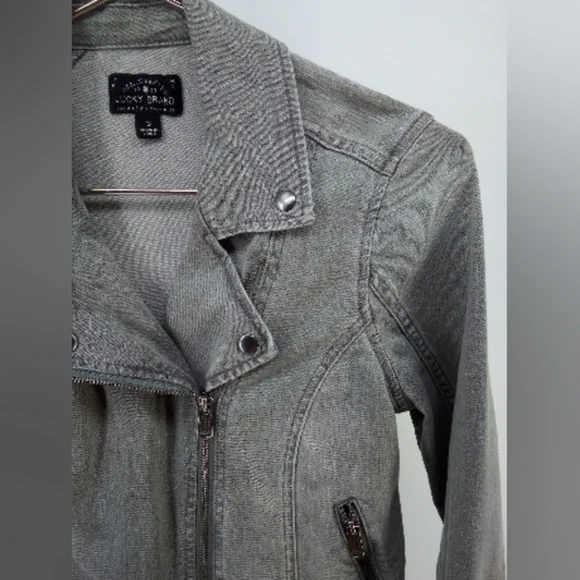 Lucky Brand Gray Denim Moto Jacket Zip Up Faded Small Cotton Blend